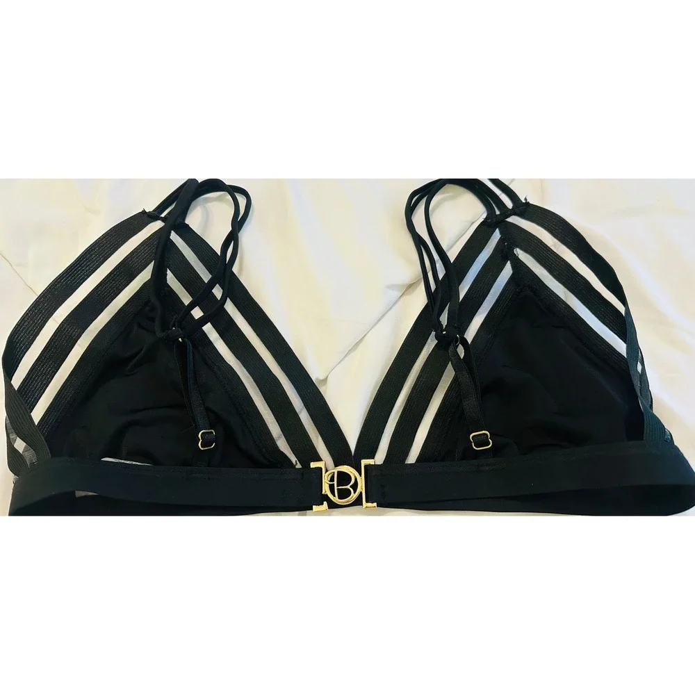 Beach Bunny Swimwear Bikini Top Black Triangle Gold Accent Strappy‎ XXL